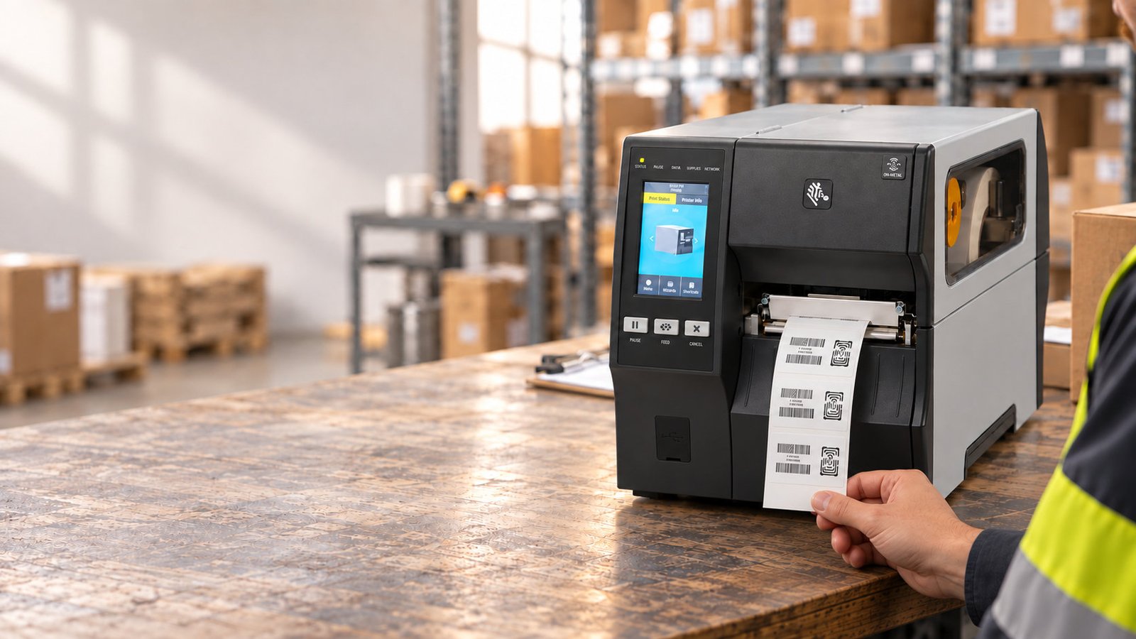 AI-generated illustration of an operator handling RFID labels at an industrial printer.
